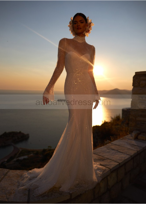 High Neck Ivory Glitter Lace Romantic Wedding Dress